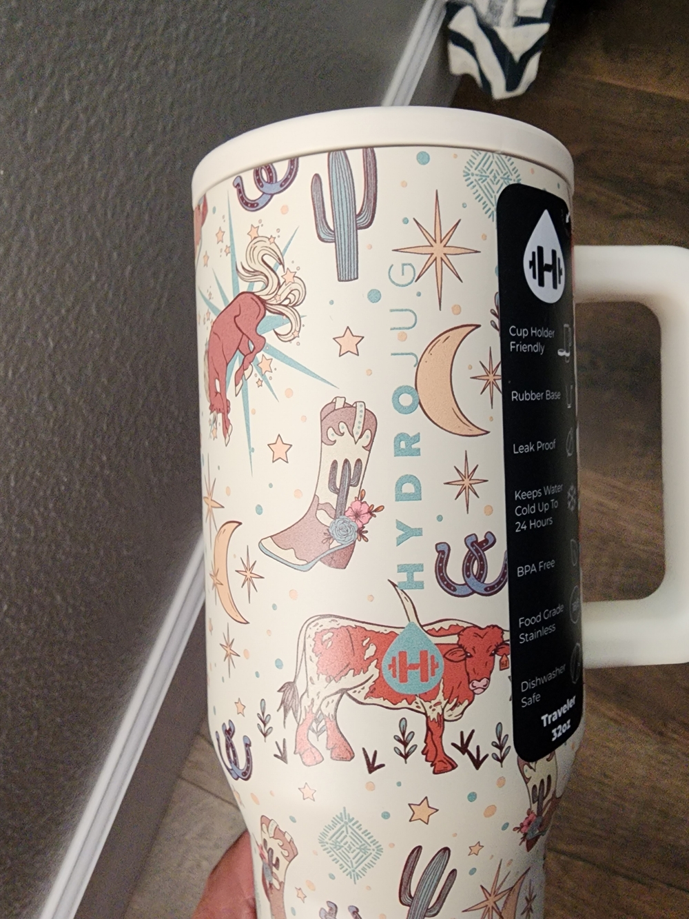 Hydro Jug Cream Travel Mug with Muted Pink & Light Blue Western Motif